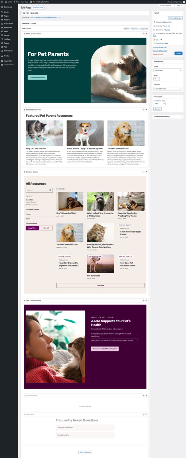 A view of a landing page within the CMS. Visuals of the components are shown within the CMS layout builder.