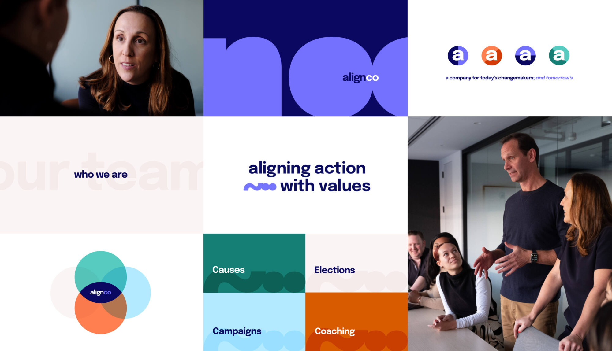 Collage of alignco brand visual elements, including shapes, typography, and photography