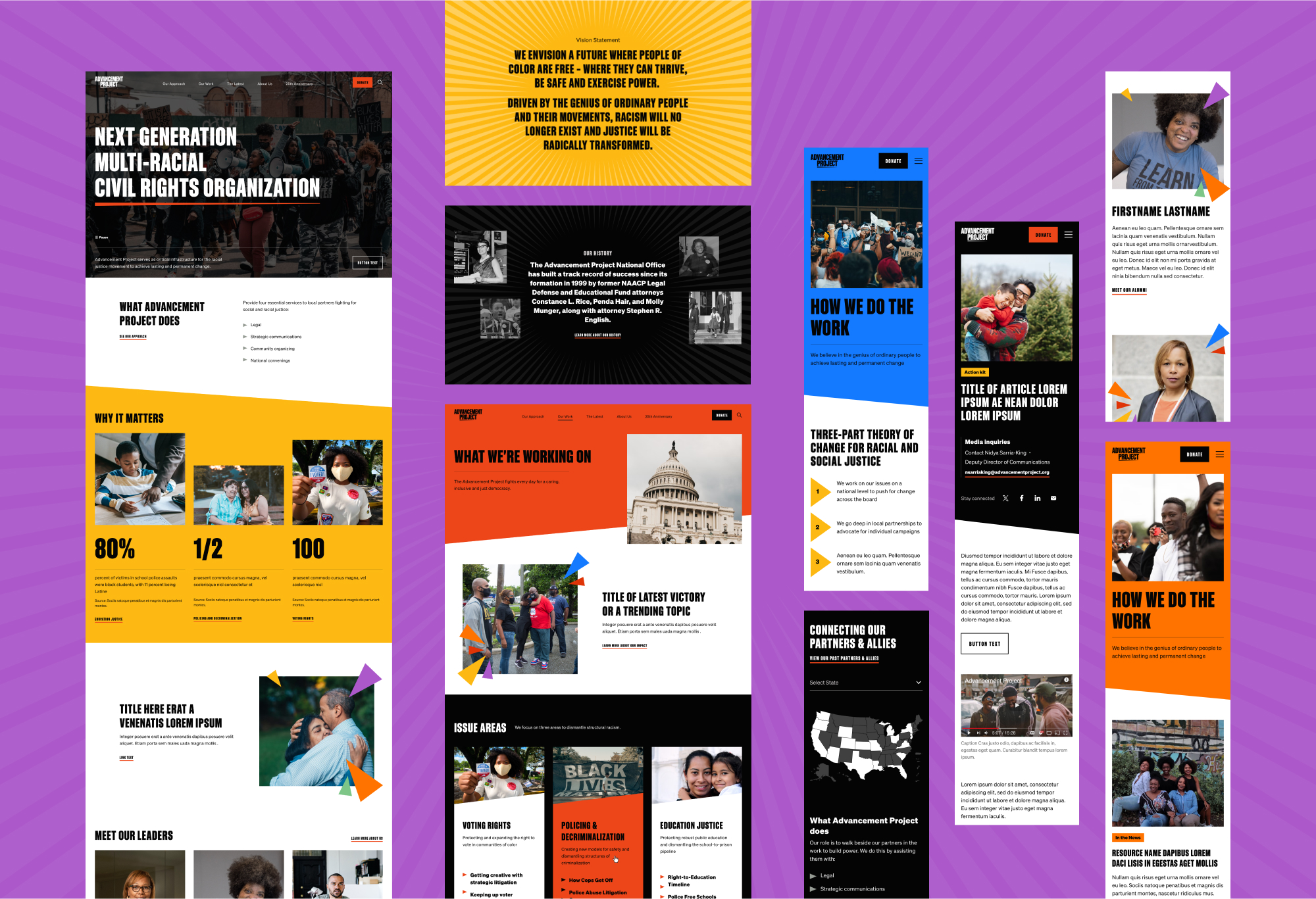 Collage of desktop and mobile pages for the website redesign