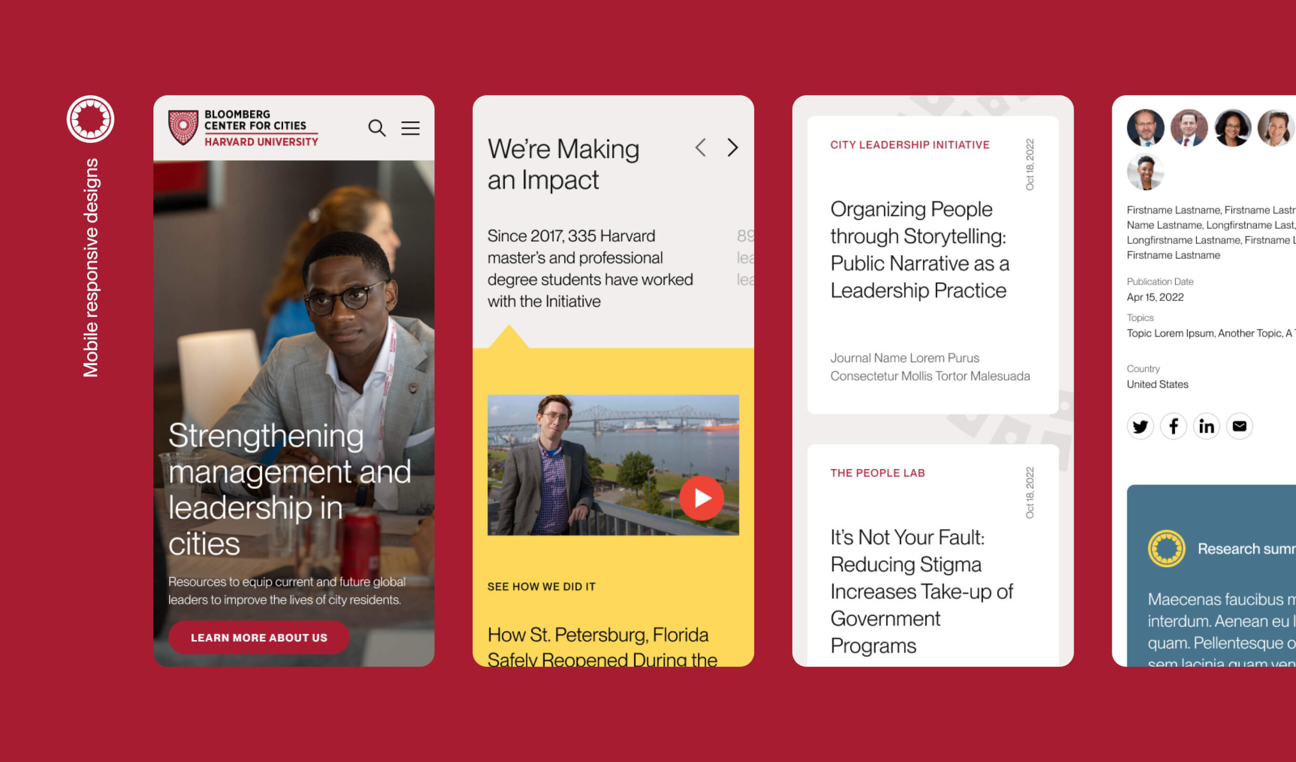 A collage of mobile webpage designs for Bloomberg Center for Cities Harvard University