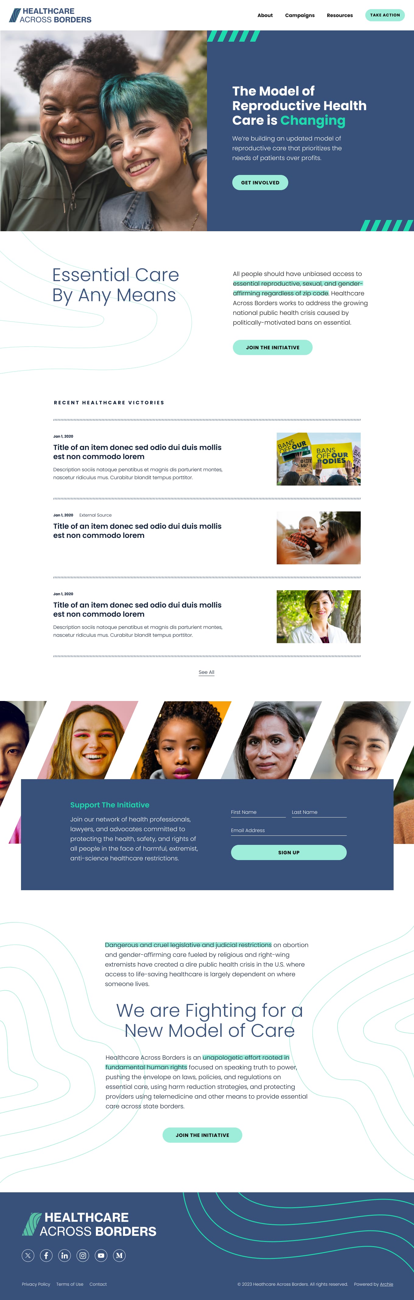 Home page of the HCAB site showcasing their messaging, brand styles, and resources.