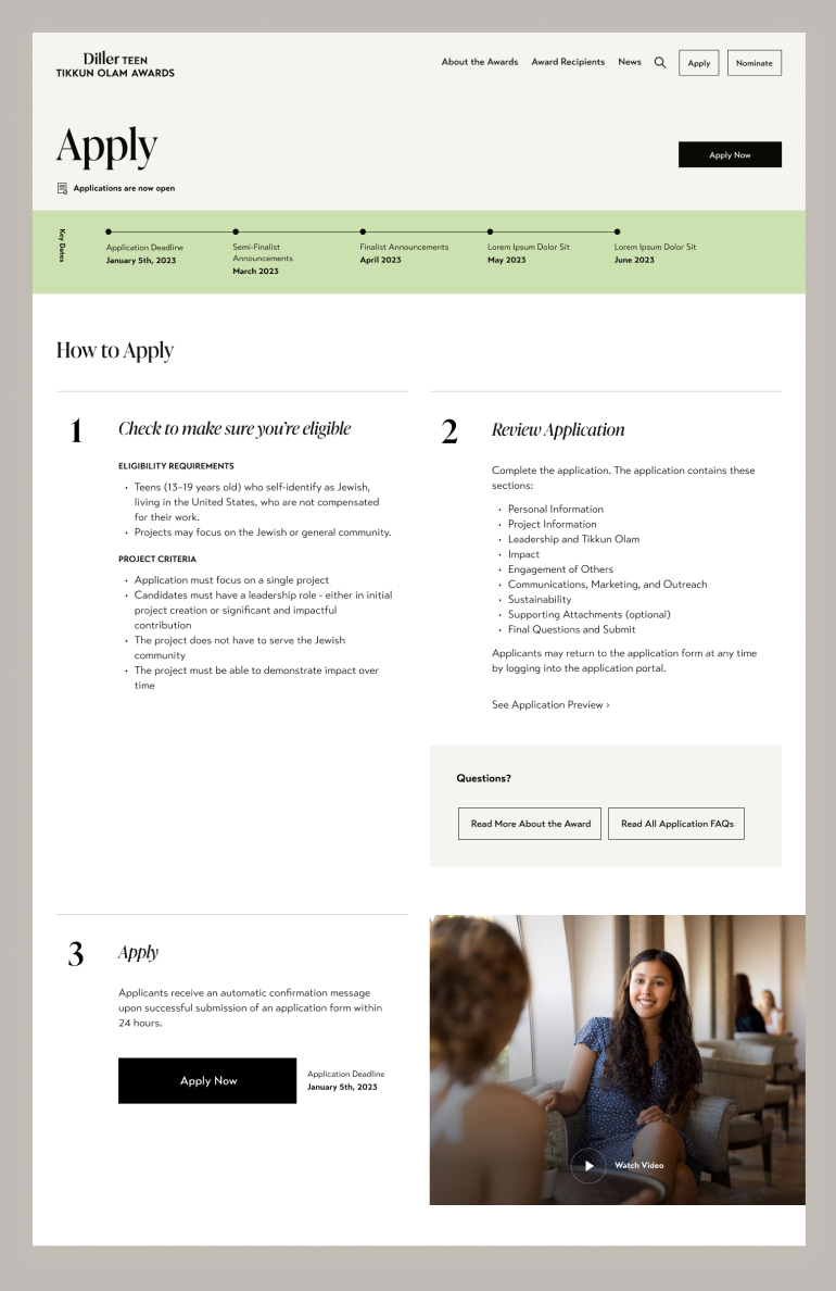 Image shows the Tikkun Olam Award Apply page which explains the application process, deadlines and steps to apply.