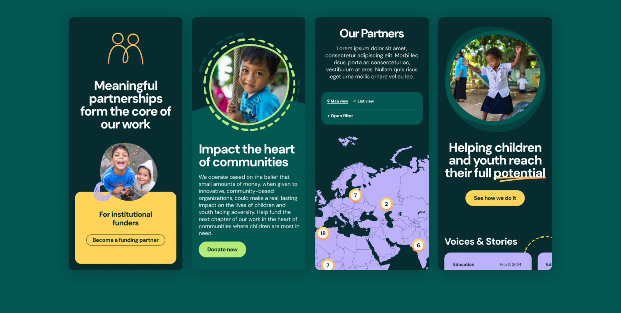 Four mobile website designs including partnerships, community impact, partners, and helping children. Includes photos, a world map, and buttons for more information.