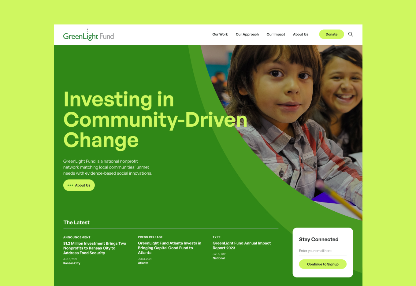 Image of the GreenLight Fund website homepage with a photo of two children smiling and the headline 