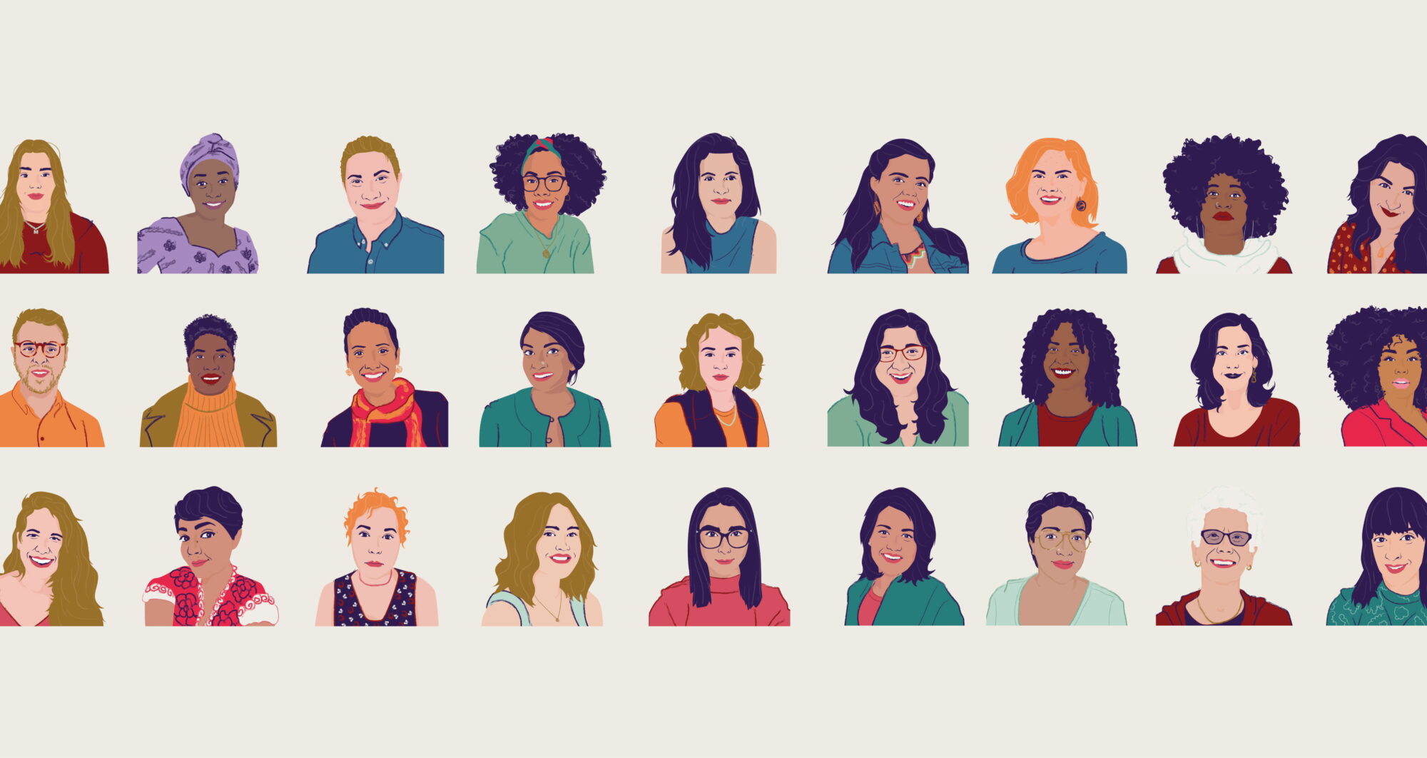 A diverse and graphic illustration collection of portraits of MADRE’s employees sits on a cream background