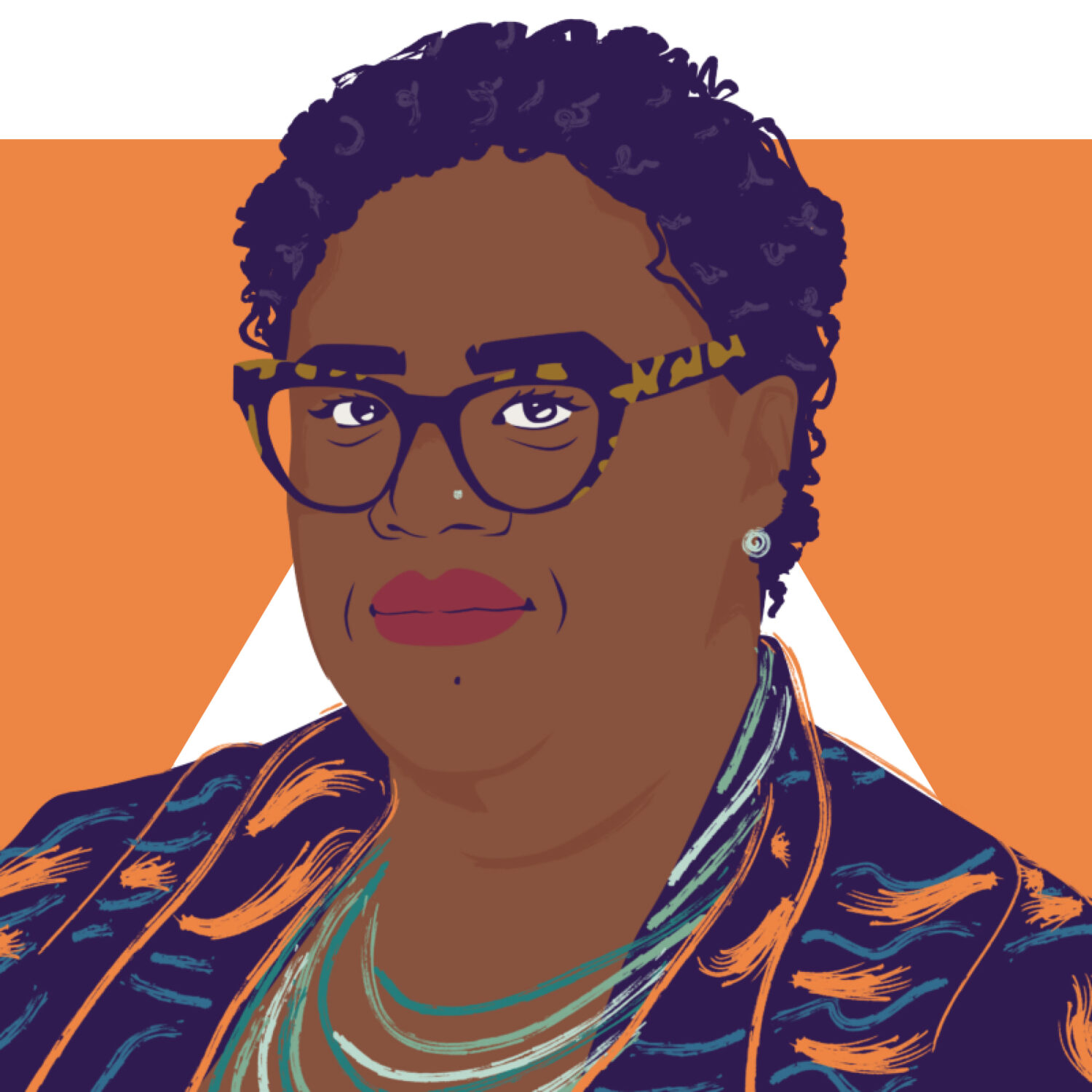 A graphic illustration of one of MADRE's employees (a Black woman in an orange and purple patterned shirt with horn-rimmed glasses) sits on top of an orange triangular graphic element.