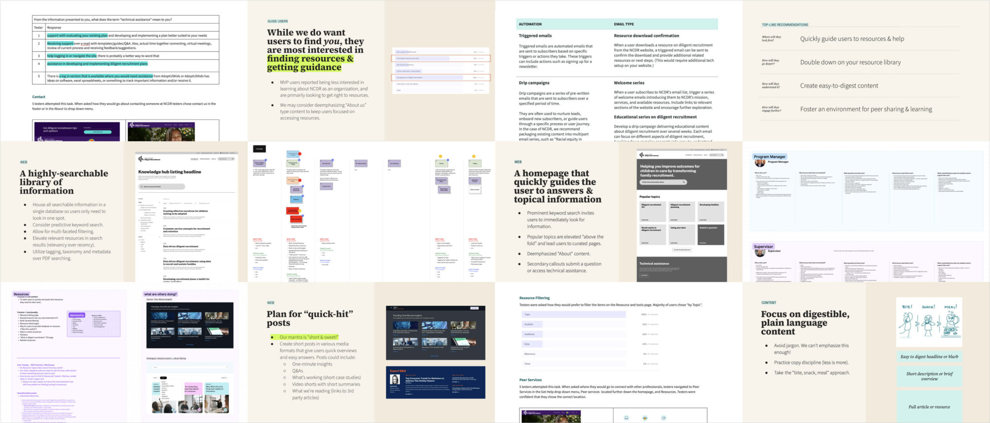 A collage of strategy documents for the National Center for Diligent Recruitment digital strategy.