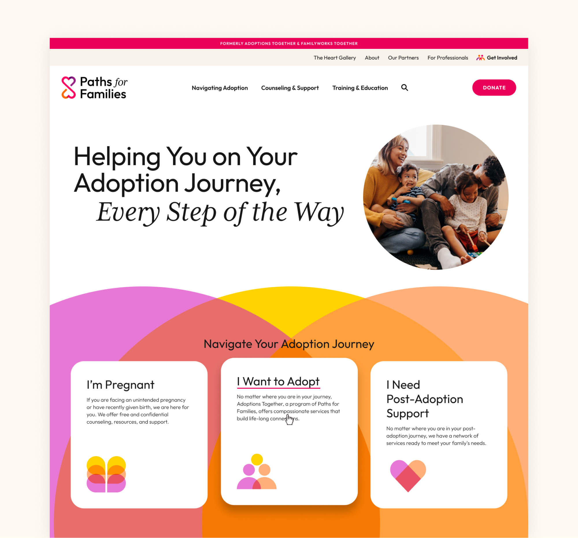 Top portion of the website homepage for Paths for Families.