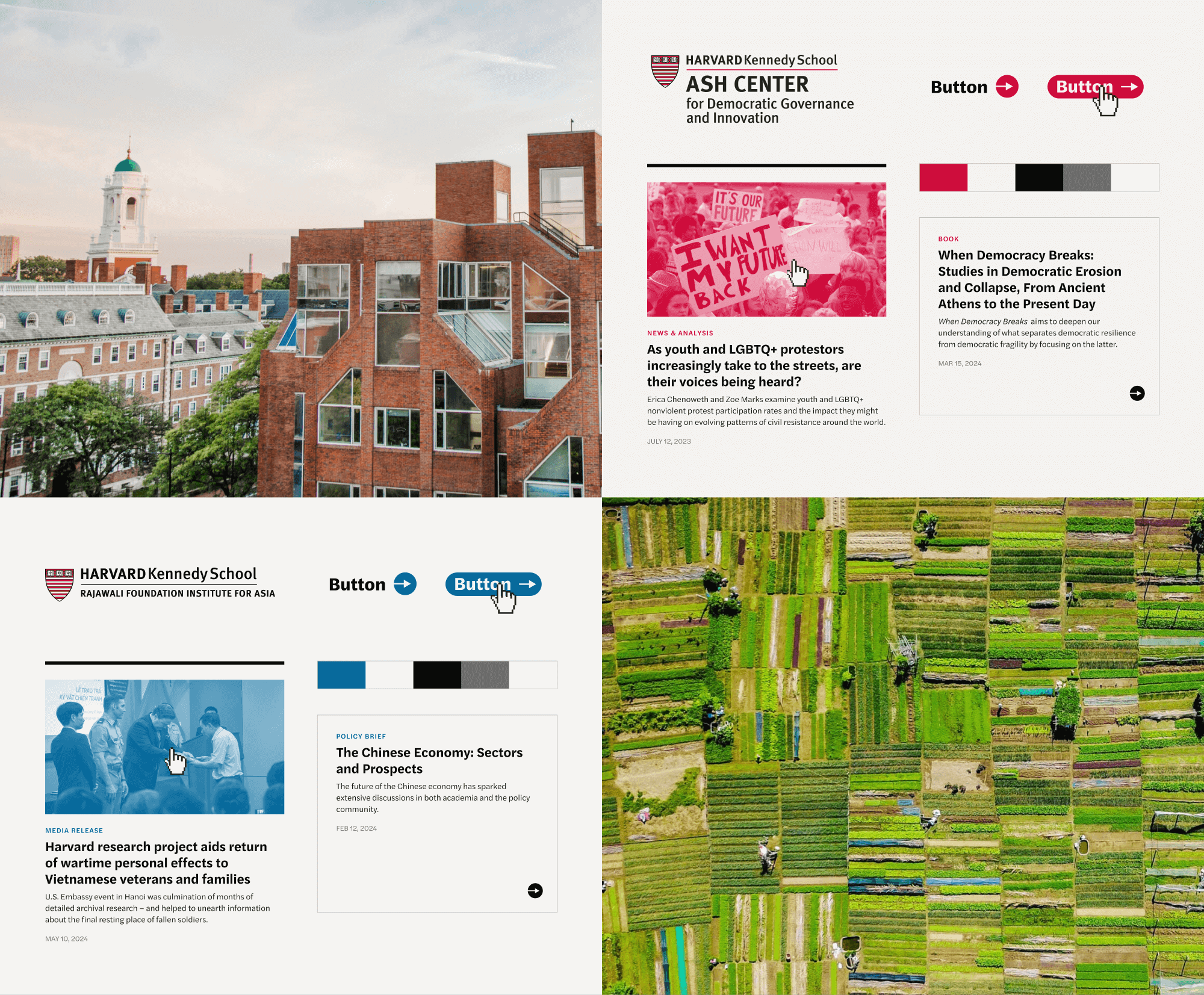 Collage of website elements and components showing the greater Ash Center design system