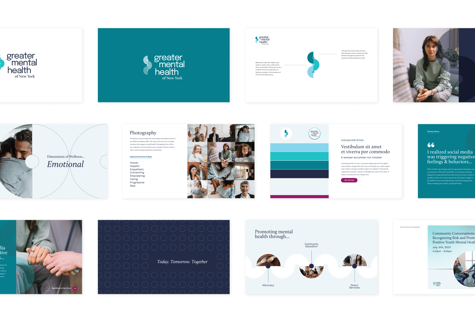 A grid of slides from the brand guide that include the typography, color palette, imagery, and other graphic elements from the brand redesign.