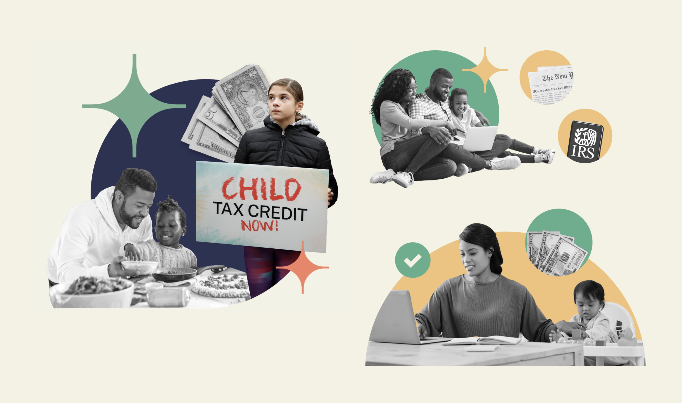 Collage created by Teal showing the value of the Child Tax Credit in supporting the wellbeing of families. It uses Economic Security Project brand colors (navy blue, green, and gold) in bold shapes that frame black and white photos of parents with their children..