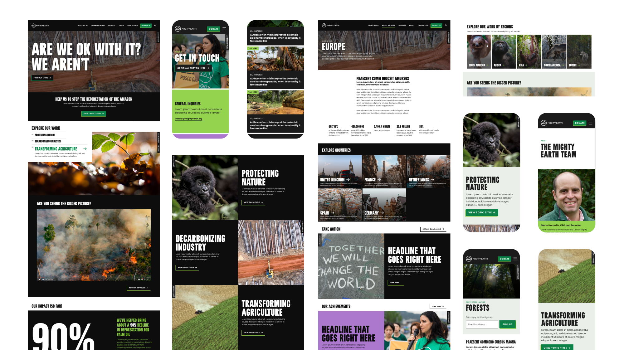 Image collage of Mighty Earth website design pages on a green background.