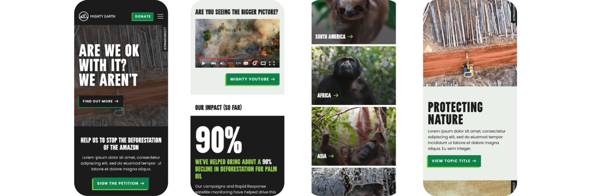 Set of four mobile designs for the Mighty Earth website