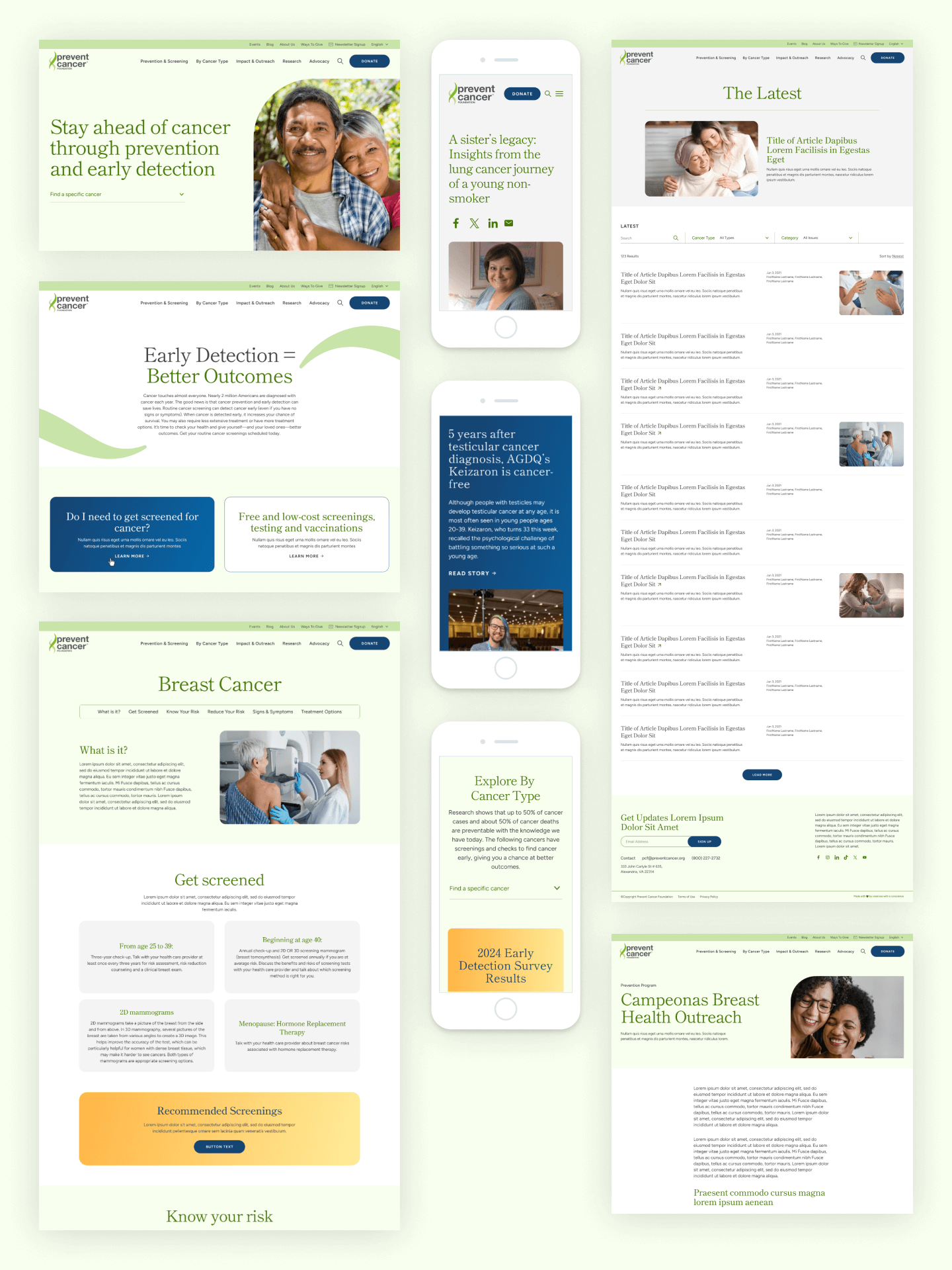 A collage of website designs from the Prevent Cancer Foundation website redesign.