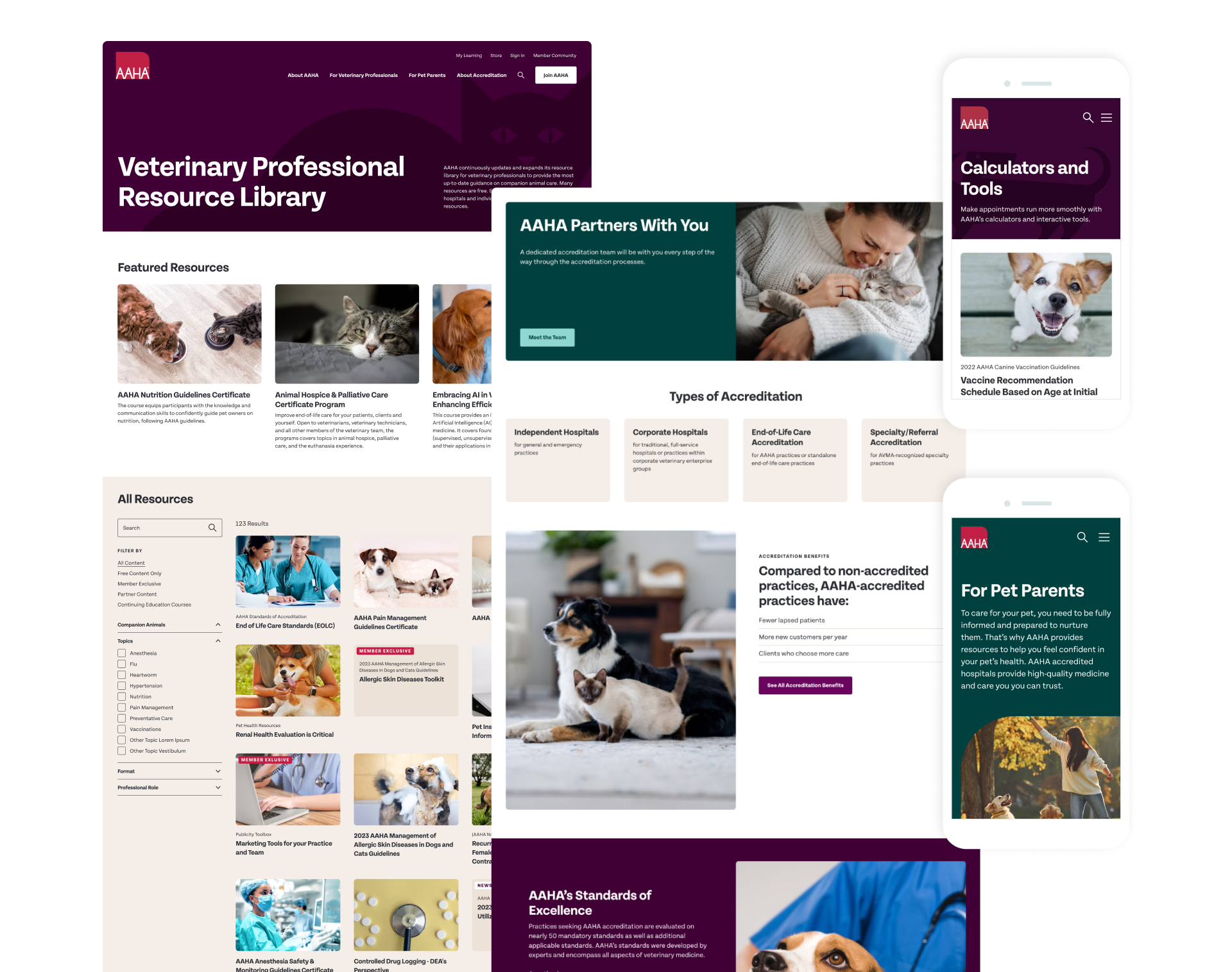 Two desktop screens including the Vet Professional Resource Library and the Accreditation landing page, as well as two mobile screens showing the landing page for Calculators and Tools and landing page For Pet Parents.