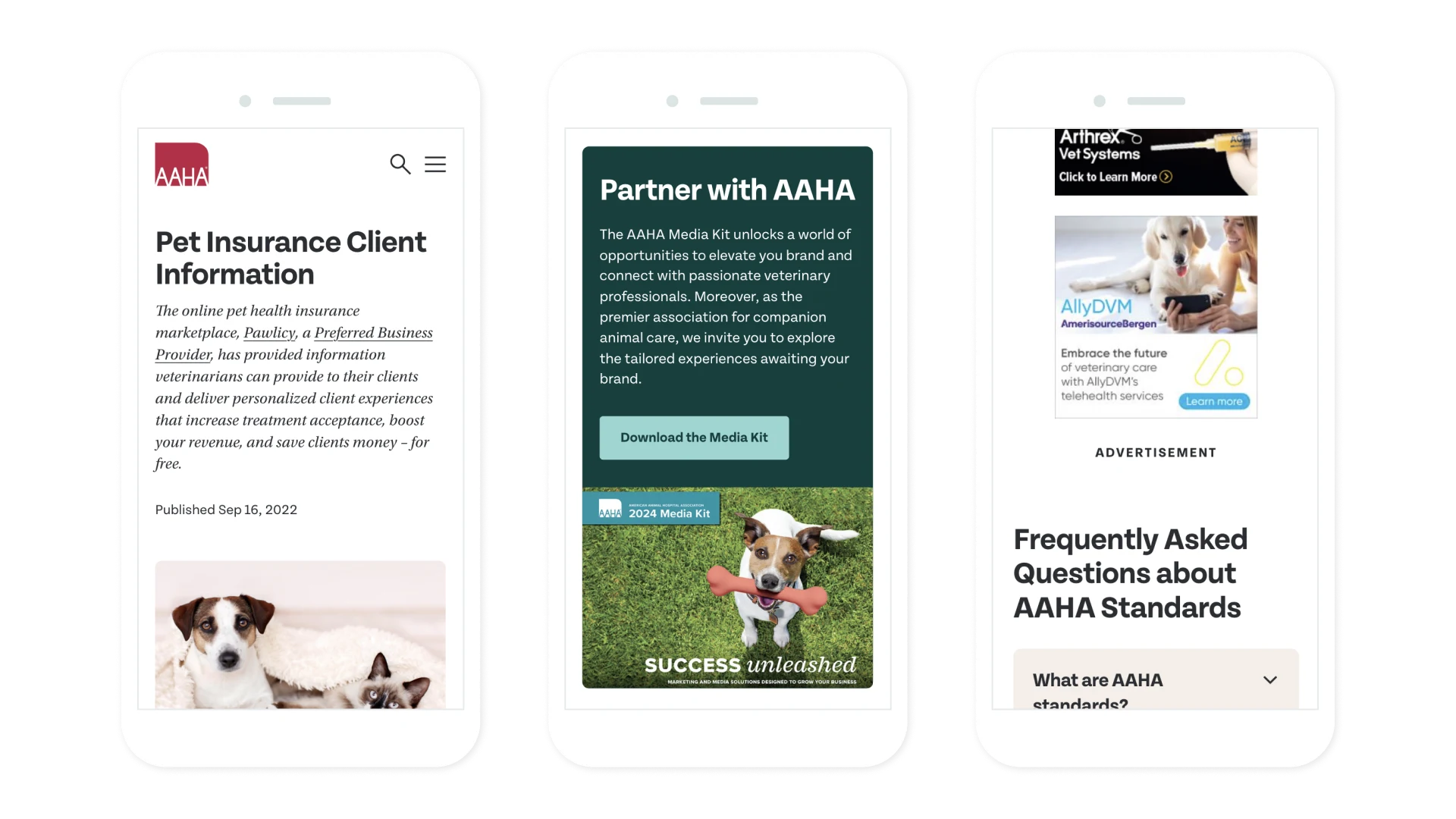 Three mobile comps that show the Pet Insurance landing page, a component for partnering with AAHA, and an example of the advertisement component.